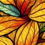 stained glass of leaves in autumn colors such as yellow, red, sage green, and orange.