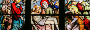 Stained Glass in the Church of Saint Severin, depicting Jesus taken from the Cross on the lap of Mother Mary