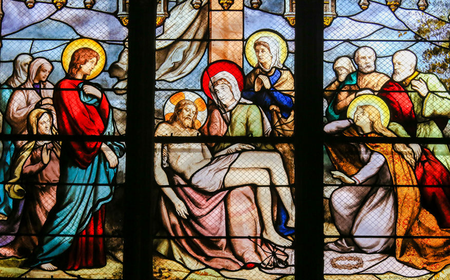 Stained Glass in the Church of Saint Severin, depicting Jesus taken from the Cross on the lap of Mother Mary