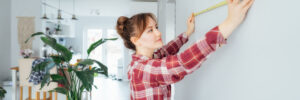 Young woman using a measuring tape on the wall