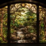 A stained glass window featuring a serene forest scene, with a peaceful stream and lush green trees