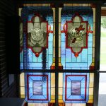 Custom stained glass windows with Dove and a Cross & Crown design